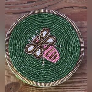 Set of 4 Beaded Green and Pink Bee Coasters